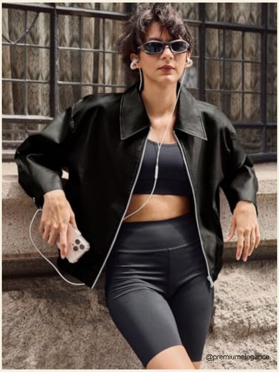 Faux Leather Bomber Jacket Cropped Zip Up Outerwear Lightweight Water Repellent - Picture 2 of 7